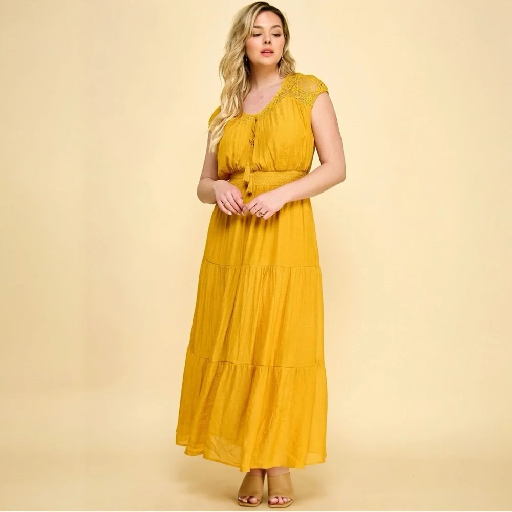 NEW Plus Size Lace Smocked Waist Tier Maxi in Yellow 1X - Picture 3 of 5